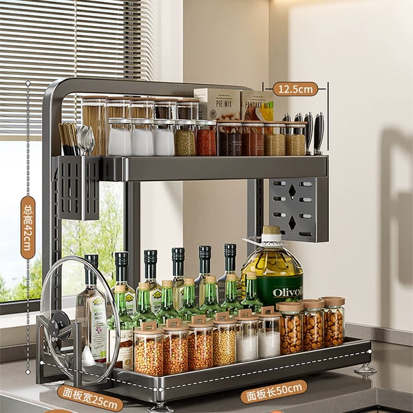 [Foldable and installation-free] Gun Ash - 2 layers long 50 | Includes 6-hook chopping board holder + chopstick holder + knife holder