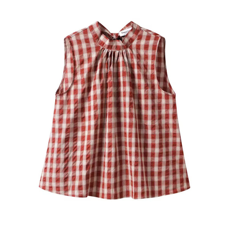 Bright Red Plaid Sleeveless Top 2026 Summer New Korean Style Versatile Loose Tie-Neck Babydoll Shirt for Women Bright Red Plaid Sleeveless Top 2026 Summer New Korean Style Versatile Loose Tie-Neck Babydoll Shirt for Women