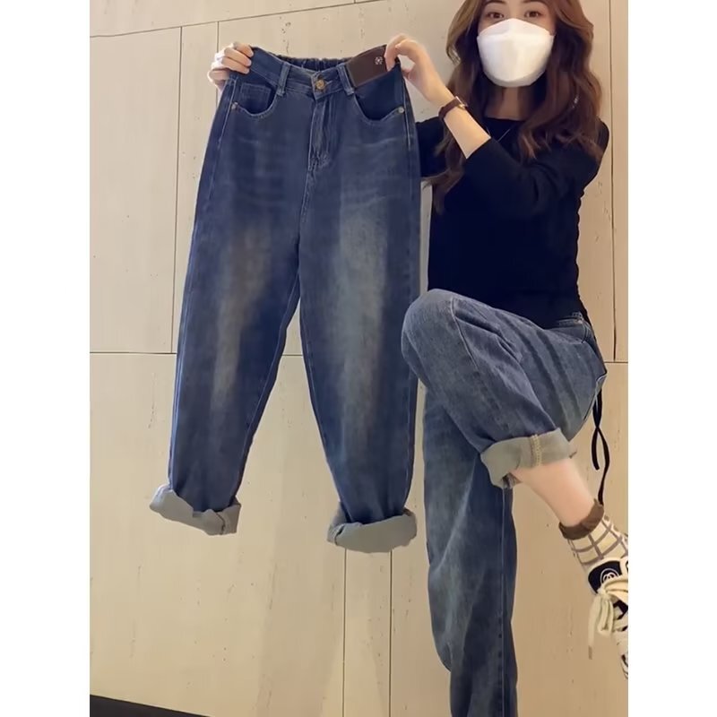 plus size Chubby Girl High Waist Straight Jeans Women's Spring and Autumn Loose Slimming Casual All-match Harlan Torre Carrot Pants