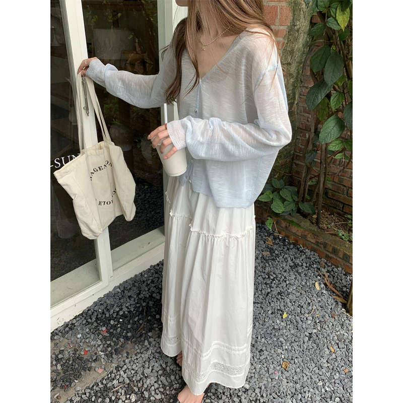 Temperament V Neck Atmosphere Summer Thin Ins Bamboo Linen Sun Protection Jacket Long-Sleeved Knitted Top Women's Outer Cardigan