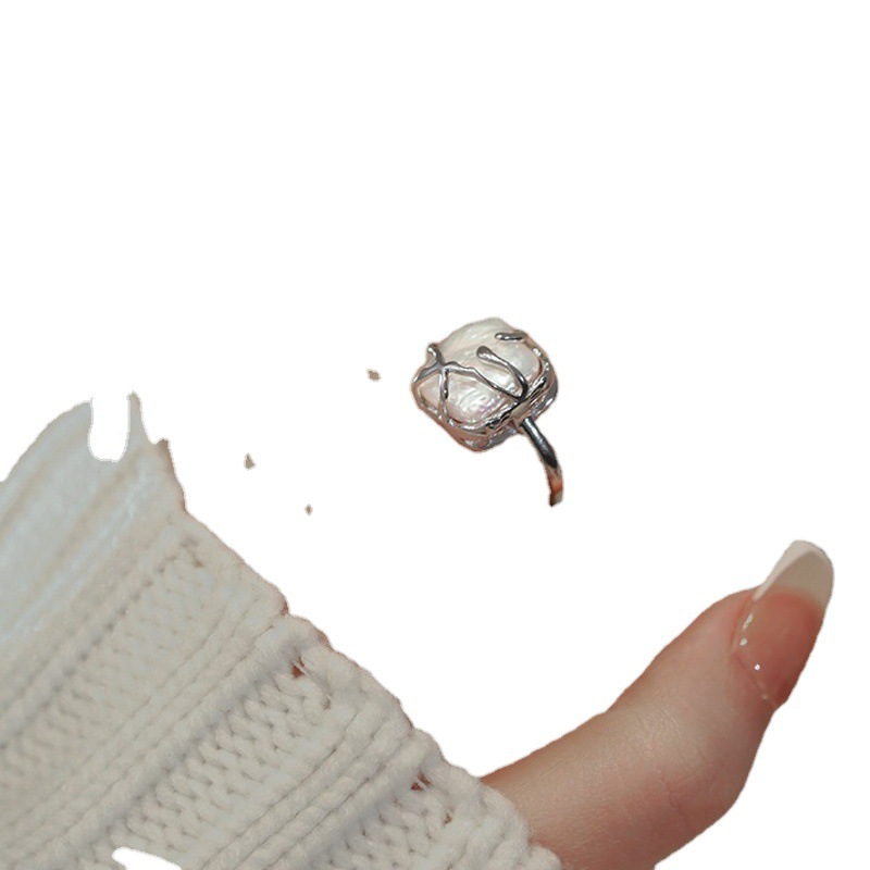 Anillo chapado en plata S925 envuelto en perlas de imitación de forma especial para mujer, anillo abierto asimétrico elegante de moda retro, anillo de dedo índice