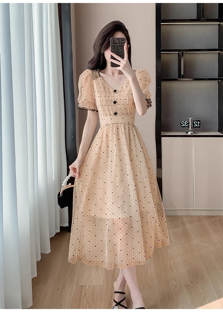Váy maxi nữ thắt eo chất liệu lưới sóng chấm bi phong cách Pháp — 2808 màu đỏ, 2808 màu vàng, #2290#Quần áo chi tiết 5
