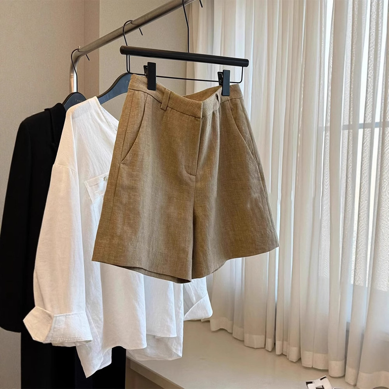 CHAO class recommend! Fashionable casual high-quality old money style ~ khaki linen high waist slim legs long shorts