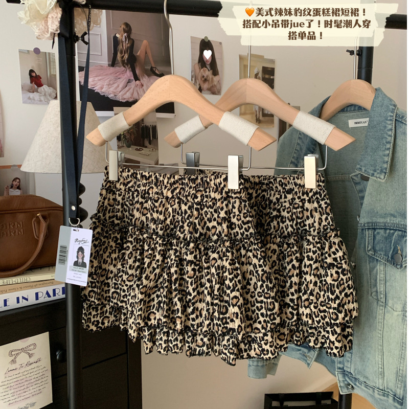 American Retro Leopard Print Cake Skirt Autum Sexy High-Waisted Tutu Skirt Niche Versatile Skirt A-Line Short Skirt