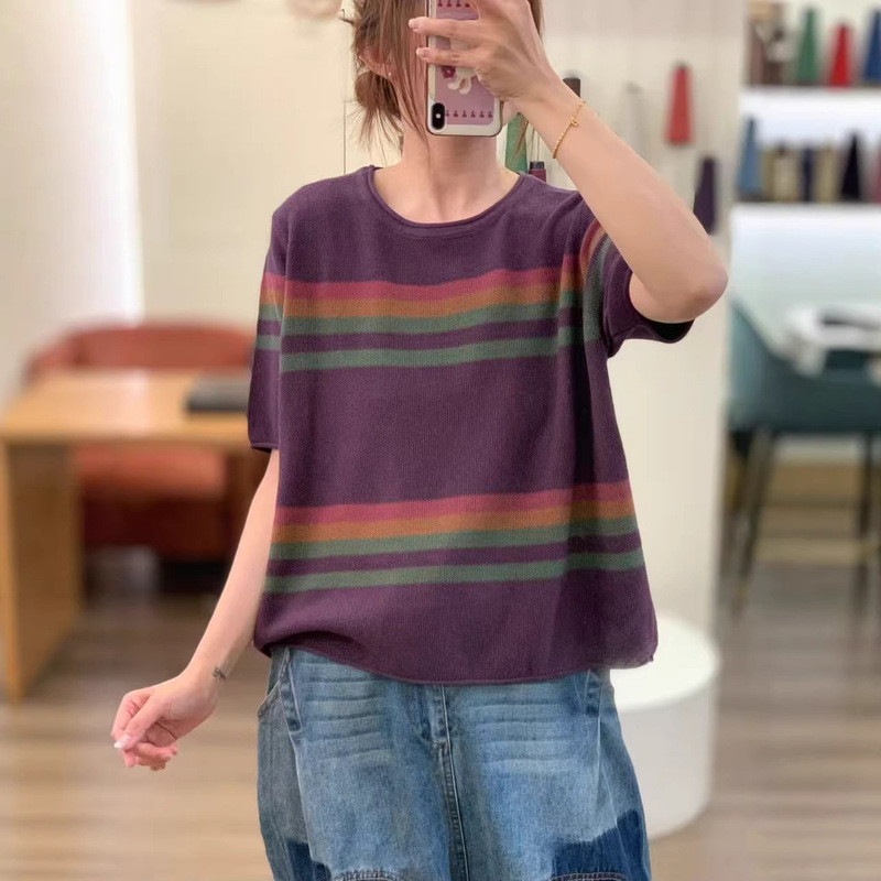 26 Spring New Style Lyocell Loose-Fitting Slimming Stylish Age-Reducing Casual Knit Pullover Short-Sleeve Top for Women 26 Spring New Style Lyocell Loose-Fitting Slimming Stylish Age-Reducing Casual Knit Pullover Short-Sleeve Top for Women