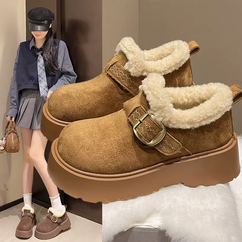 雪地靴女2025秋冬新款增高一体皮毛百搭毛毛棉鞋厚底保暖加绒勃肯