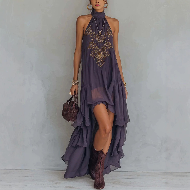Cross-Border Independent Website European and American New Style Embroidered High-Neck Sleeveless Long Dress with Ruffles, Fashionable Women's Long Dress