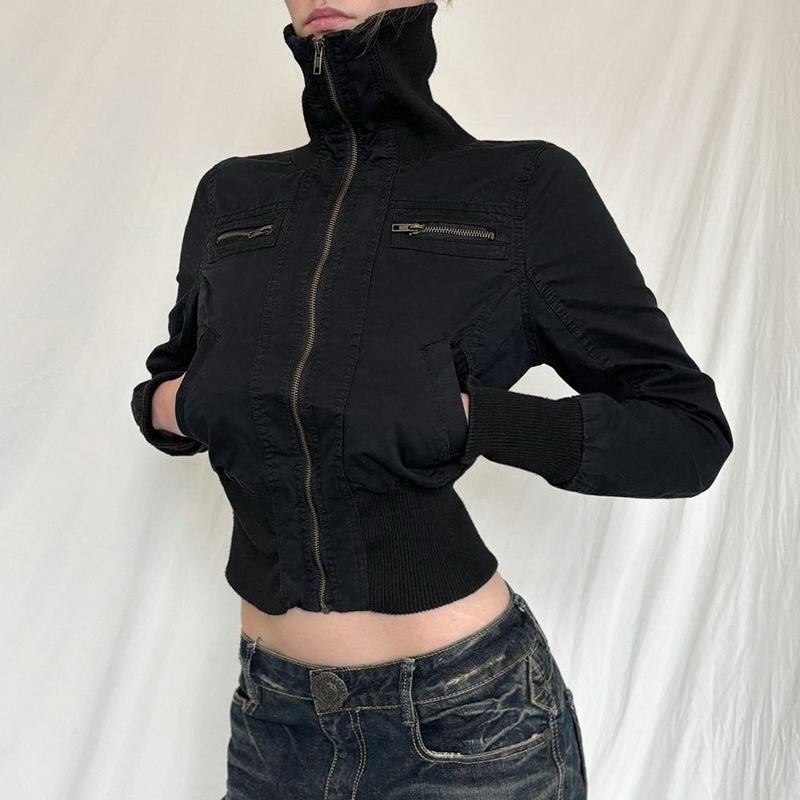 Retro short metal jacket with zipper