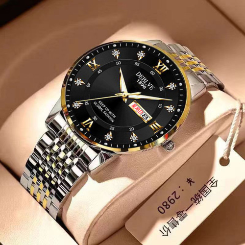 Classic fashionable ultra-thin luminous double calendar steel band men's watch waterproof diamond nine-bead band solid watch
