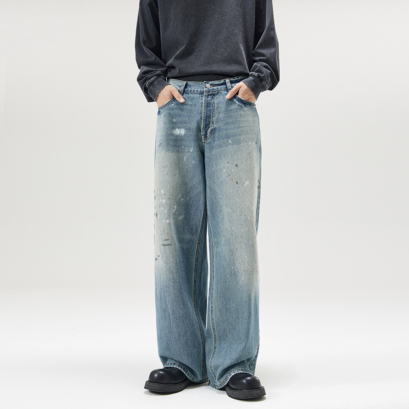 Retro tinta impresa jeans de lavado viejo suelto hombre cautiva estilo americano de otoño pantalones rectos de calle alta