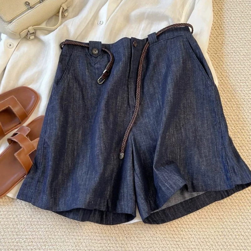 Magic Pants! a Feeling That Will Make You Addicted!!! Deep Blue Linen Denim Shorts for Women, High-Waisted, Slightly Wide-Leg, Cotton-Linen Shorts Magic Pants! a Feeling That Will Make You Addicted!!! Deep Blue Linen Denim Shorts for Women, High-Waisted, Slightly Wide-Leg, Cotton-Linen Shorts