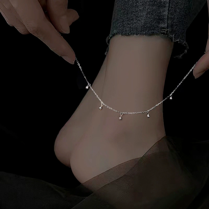 Small design ankle bracelet, universal round beads with tassels, silver 925 sample, light luxury style, high-quality style, simple and elegant design