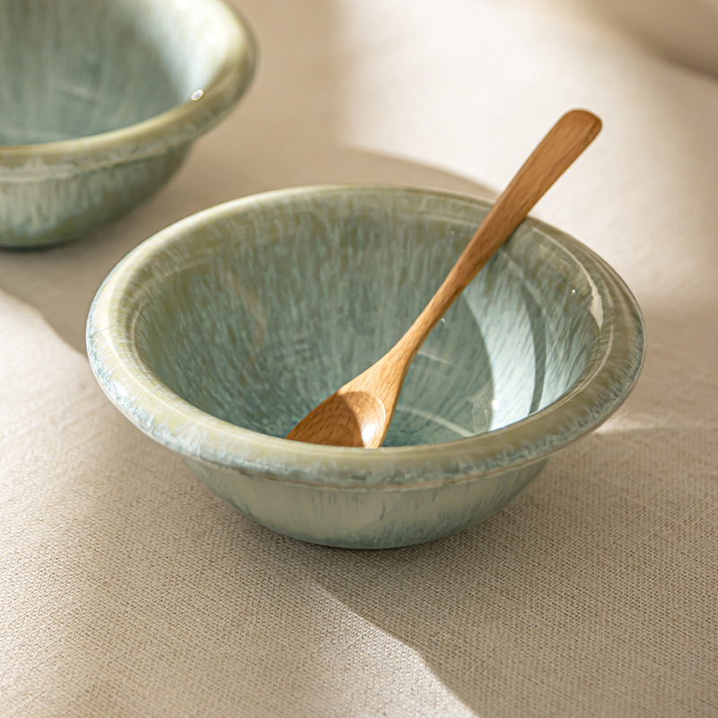 Thick Kiln-Turned-Blue Ceramic Bowl Household High-Value Tableware Wholesale Bowl Noodle Bowl Fruit Salad Bowl Round Small Soup Bowl