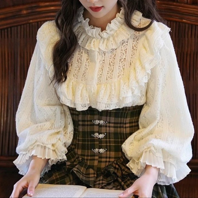 Palace-Style Lace Lantern Sleeve Shirt, Victorian Retro Plaid Waist-Cinching Swallowtail Skirt, Long Skirt Two-Piece Set