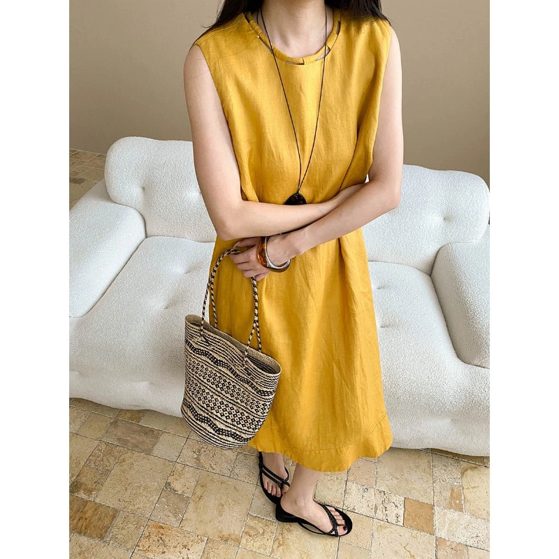 司南无尽假期慵懒度假风系带领宽松A字亚麻背心连衣裙