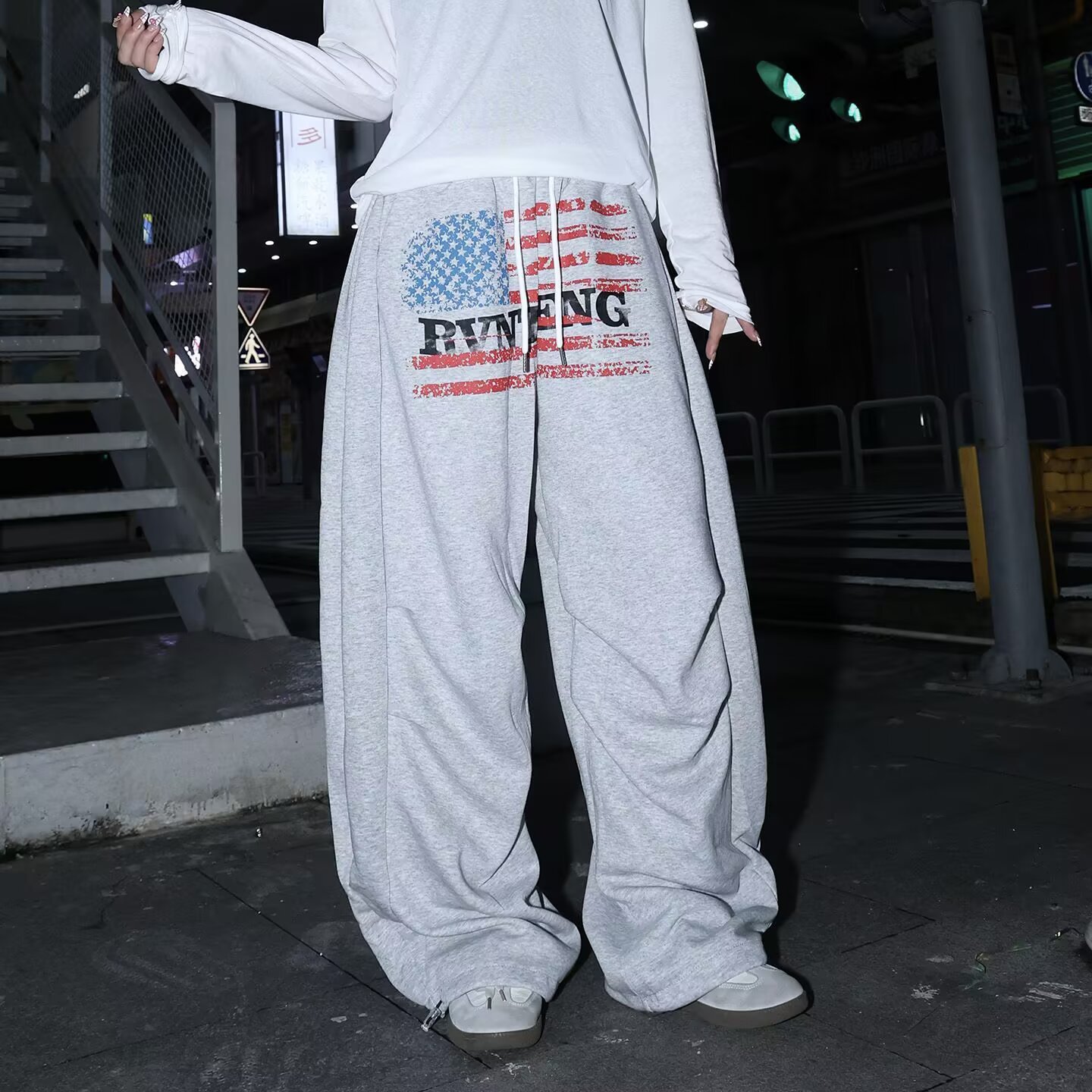 Cross-Border Street Letter Print Elastic Waist Casual Wide-Leg Pants for Women, Trendy Versatile Sports Skateboard Basketball Pants