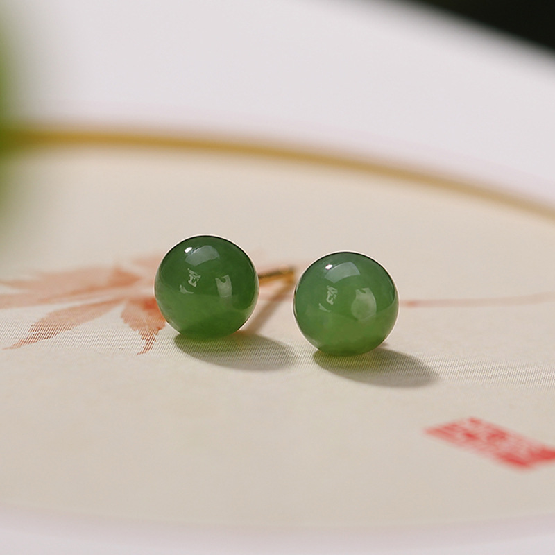 Bông tai nữ bạc S925 mạ vàng đính đá jasper thiên nhiên hạt tròn — Mẫu mạ vàng 8mm (không có đốm đen)