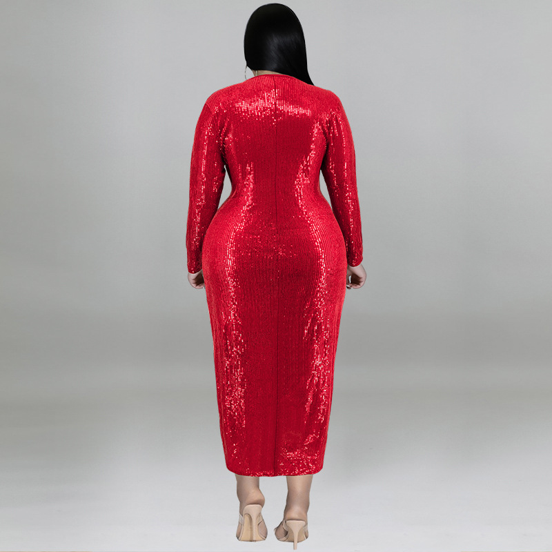 Plus size fluweel bodycon midi jurk met pailletten en v-hals voor dames_voghion.com