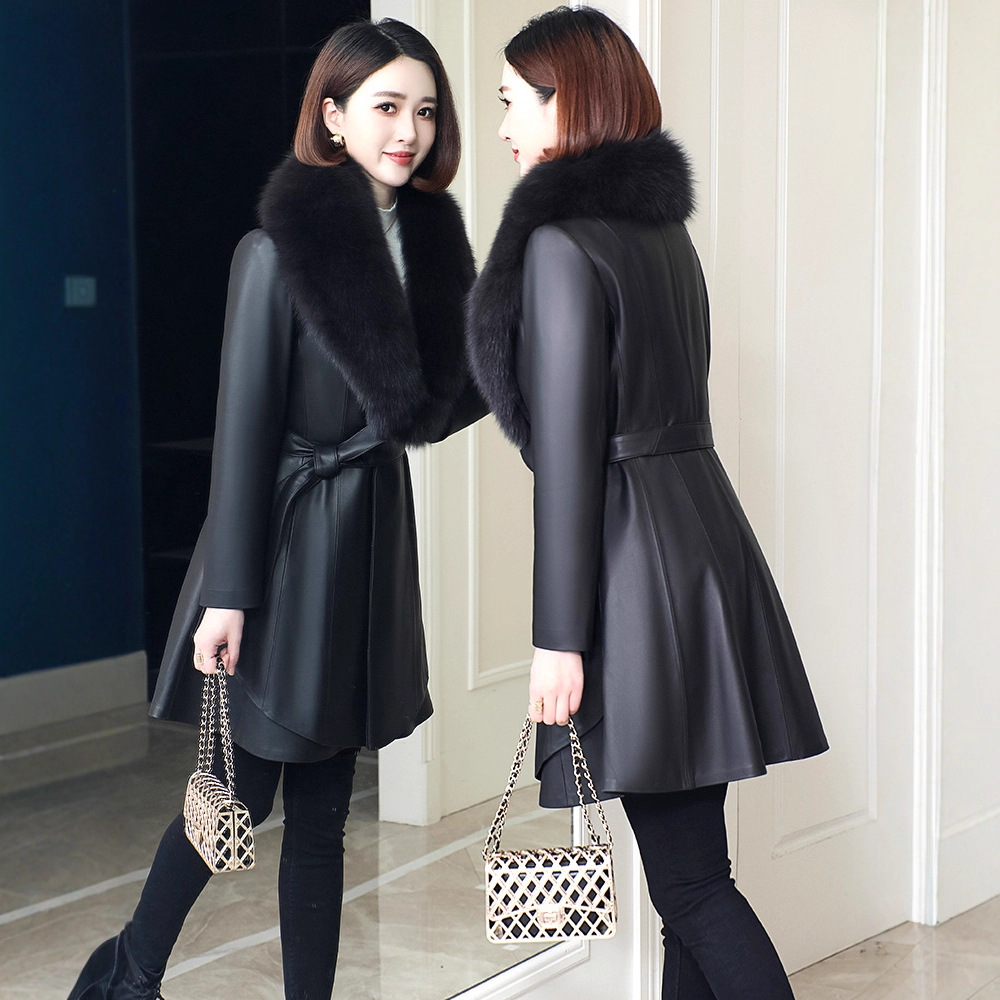 Autumn and Winter New Style Genuine Leather Jacket Women's Windbreaker down Jacket Fox Fur Collar Haining Fur Mid-Length Slim Jacket