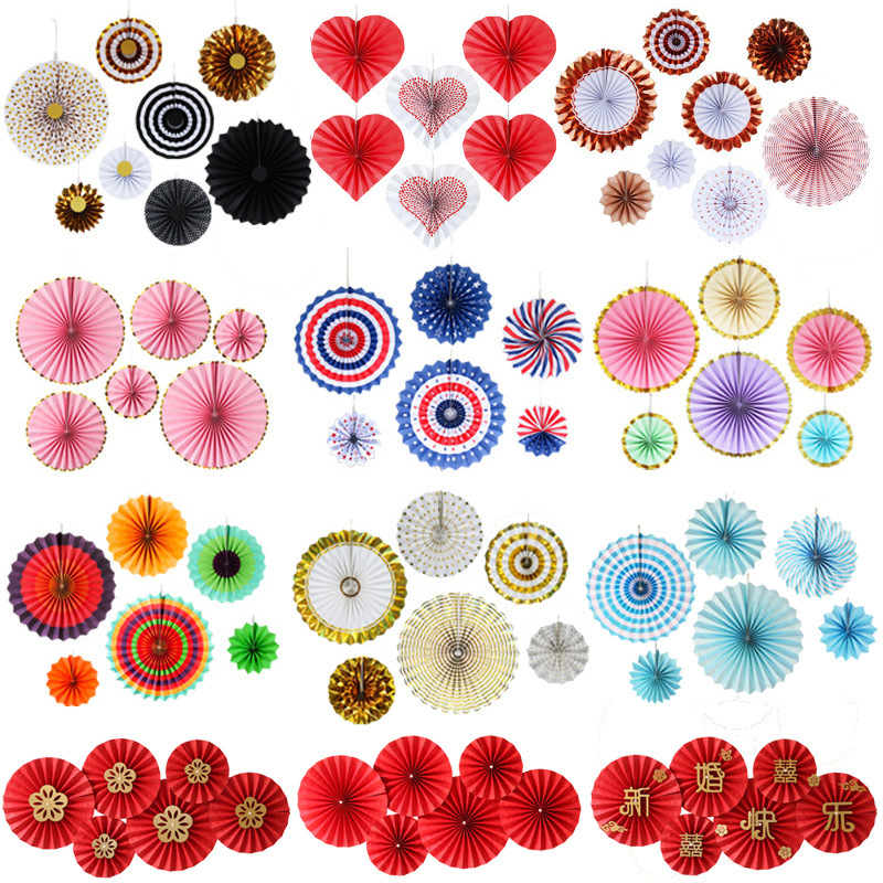 6 A set of single layer round handmade paper flower fan set wedding party birthday decoration paper fan flower