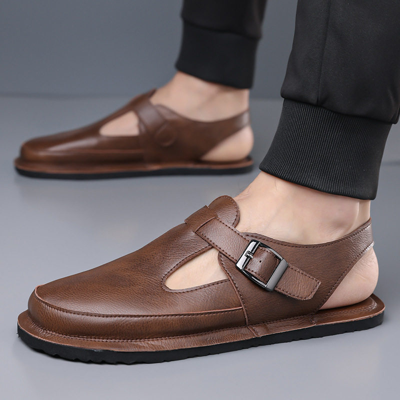Dép sandal nam bít mũi kiểu La Mã cỡ lớn chống trượt, đế cao su, thoáng khí — Màu nâu, màu đen