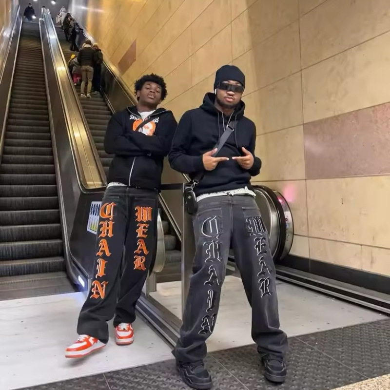2024 European and American Street Y2k Jeans Hip Hop Alphabet Graphic Print Jeans Men's Casual Loose Straight Leg Pants