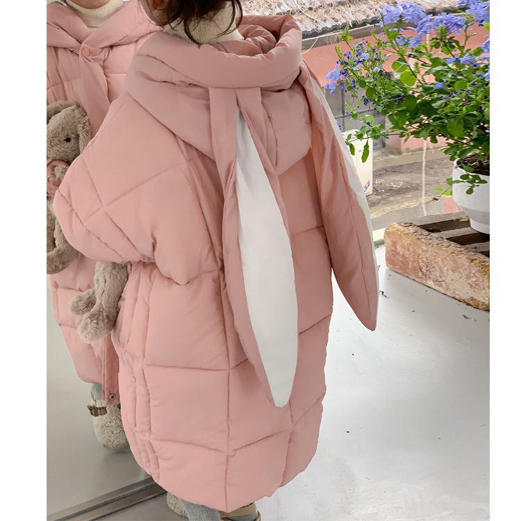 Children's Clothing Winter Children's Korean Style Cotton Clothes For Boys And Girls Rabbit Ears Hooded Raglan Sleeves Mid-Length Cotton Coat Jacket