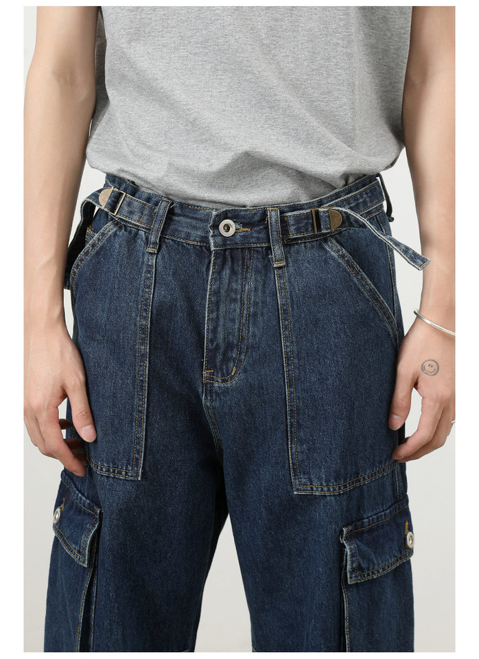 Quần jeans nam ống rộng thẳng phong cách đường phố, nhiều túi, lưng giữa eo — màu xanh đậm chi tiết 14