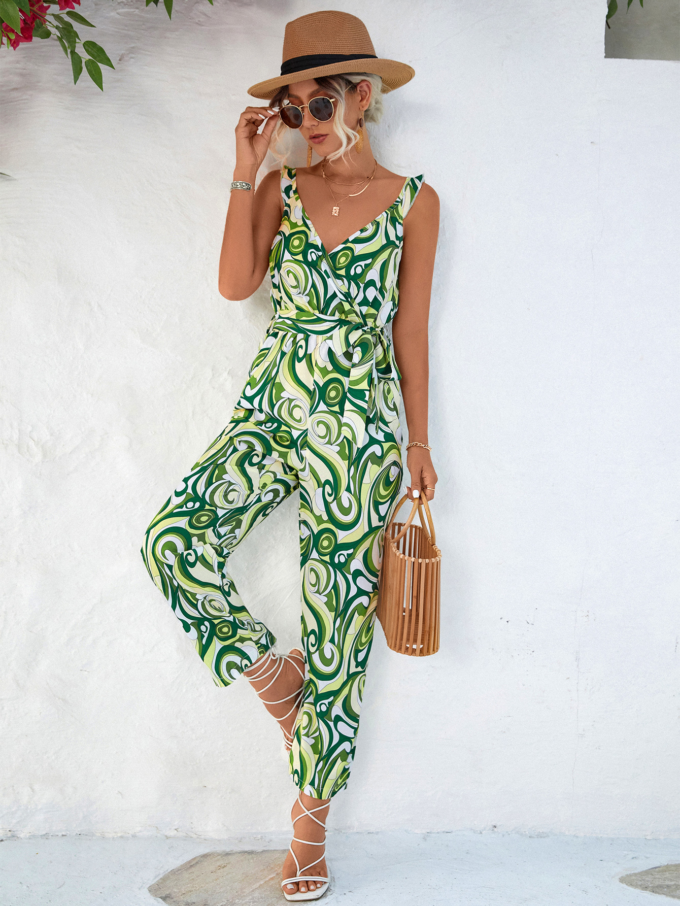 Women Lotus Leaf Spaghetti Strap Floral Print Jumpsuit
