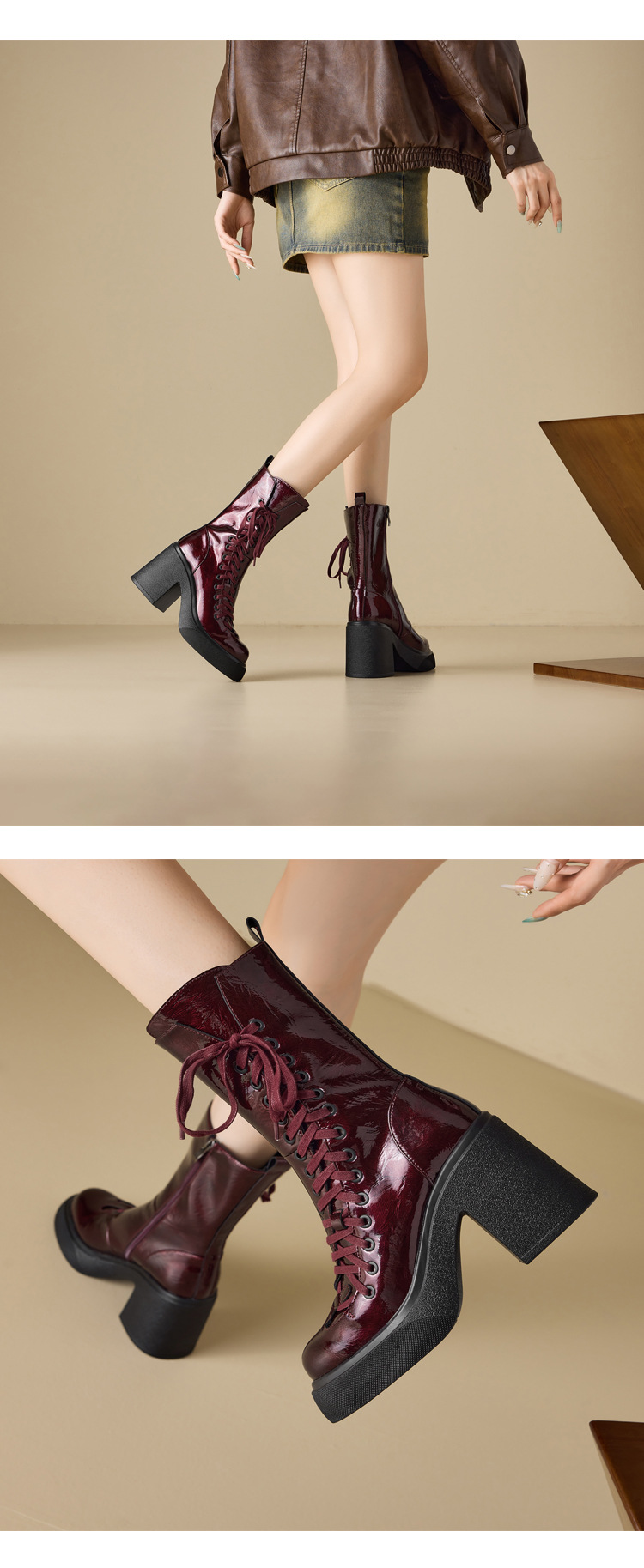 Boot nữ cổ ngắn đế dày 10 cm dây buộc mũi tròn khóa kéo bên — nhung đen chi tiết 8