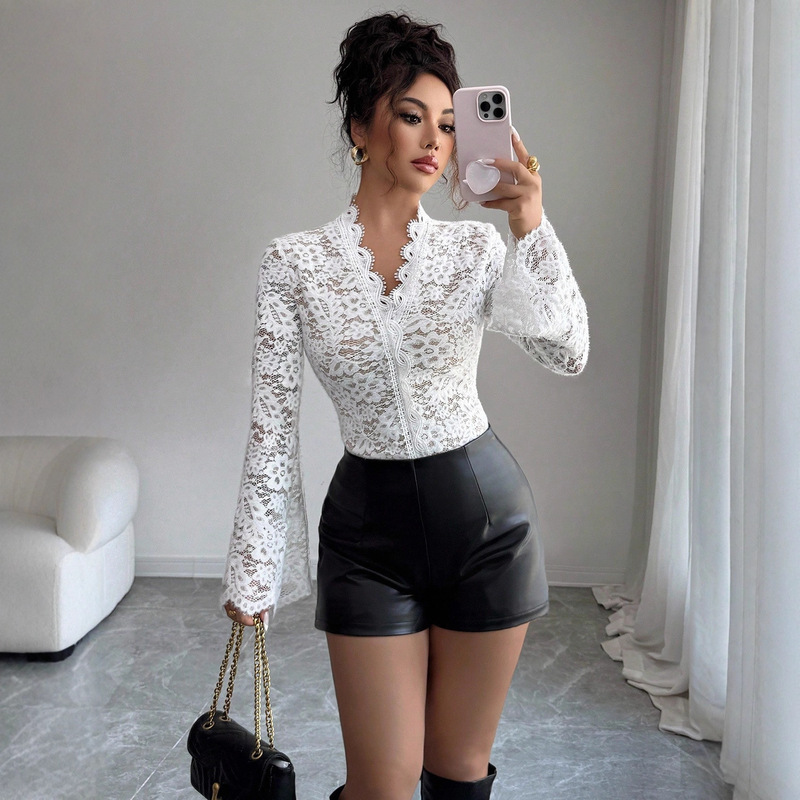 European and American Cross-Border Amazon 2026 Spring and Autumn New Women's White Sexy Elegant Luxurious Lace Slim-Fit Top European and American Cross-Border Amazon 2026 Spring and Autumn New Women's White Sexy Elegant Luxurious Lace Slim-Fit Top