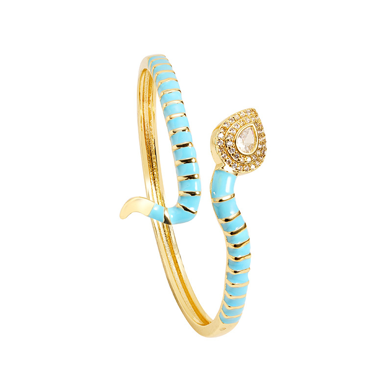 Brazalete de oro galvanizado de arena transfronteriza de 18k esmalte de color universal cabeza de serpiente de micro-pantalón anillo de piedra abierto joyas de estilo europeo y americano