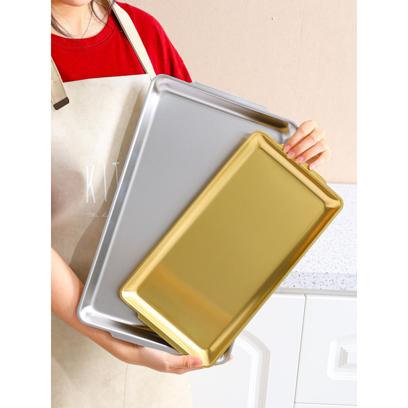韩式不锈钢方盘商用烤肉烤串盘长方形托盘上菜盘金色烧烤盘子
