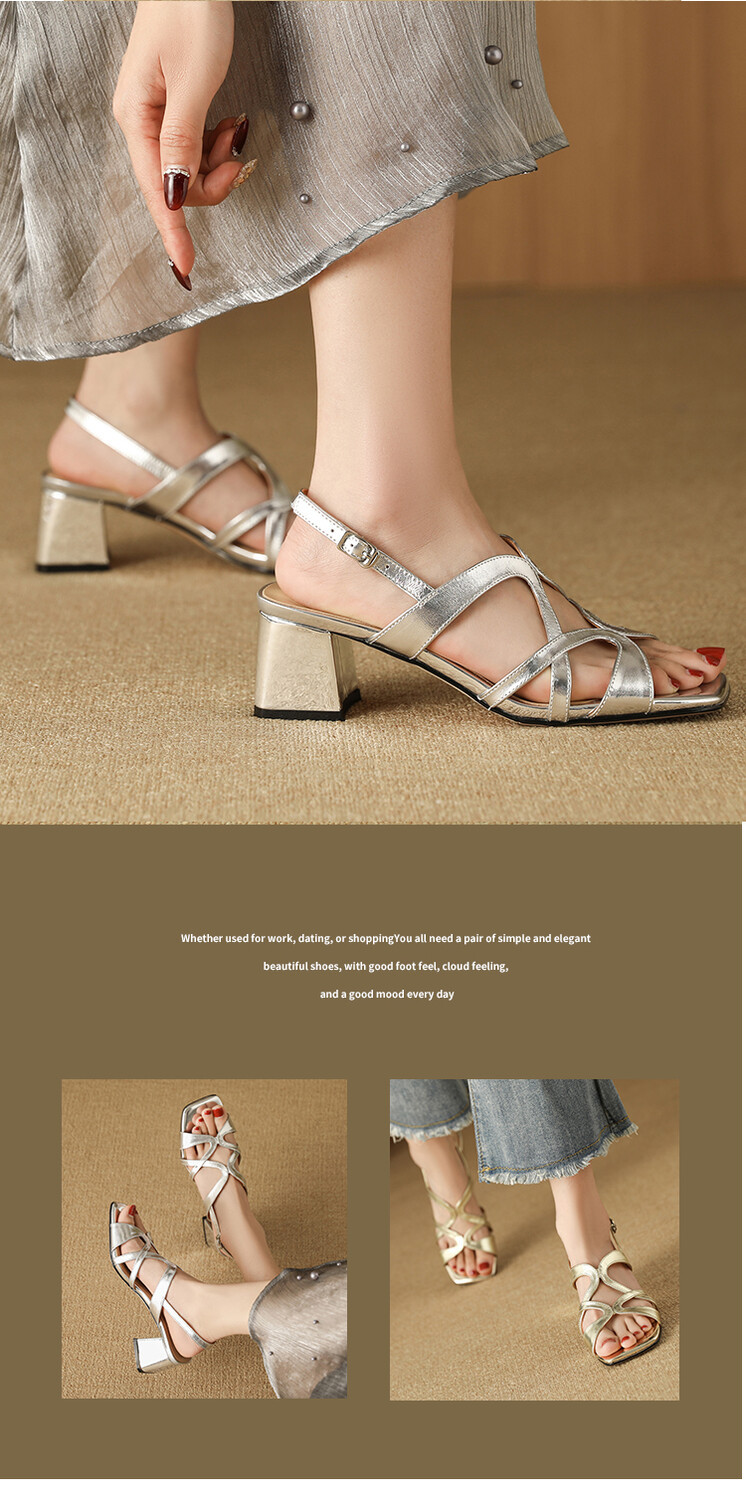 Sandal cao gót nữ da thật mũi vuông hở mũi gót thô 9 cm — Màu vàng, Màu bạc chi tiết 6