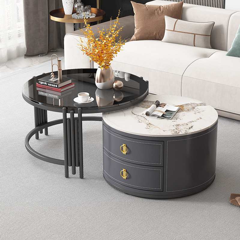 Mesa de centro moderna de lujo ligero de celebridades de Internet, balcón de la sala de estar nórdica, mesa de té de vidrio redonda, mesa de centro de pizarra de tamaño pequeño para el hogar