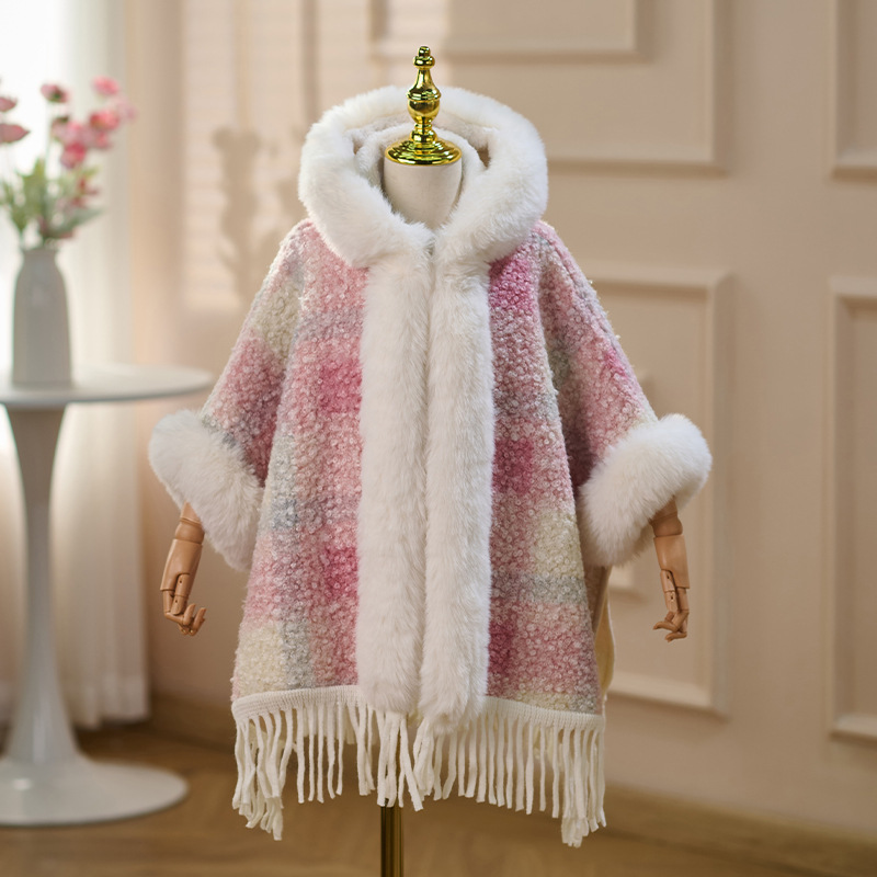 Capa rosa para niñas gruesa y cálida, ropa de Año Nuevo con capuzas largas, camisa, abrigo de cuello de pelo grande