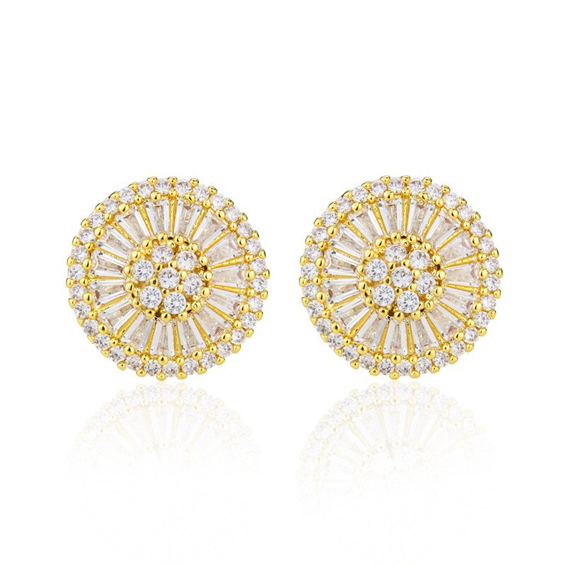 European and American New Style Gold Round Stud Earrings with Diamonds for Women, in Stock, Direct Supply, Simple Copper Plated with 18K Gold, Umbrella-Shaped Full Zircon Earrings