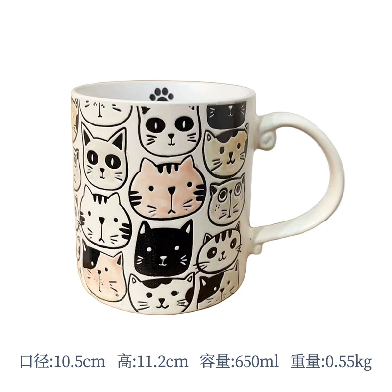 Ceramic mug hand-painted underglaze cat design, cute breakfast cup, microwave-safe