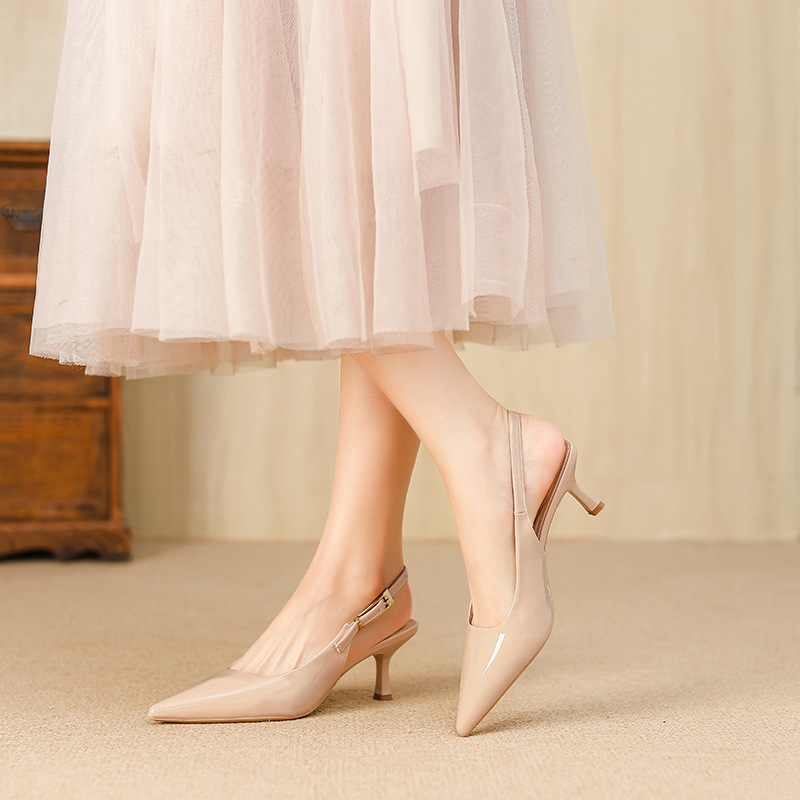 G6800-2 French-Style Patent Leather Closed-Toe Sandals for Women, Pointed Toe, Single Strap, High Heels, Comfortable and Very Stylish
