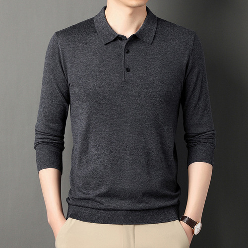 Men's Pure Color Polo Knit Sweater, Spring and Autumn Season, Thin Design, Suitable for Middle-aged and Young Men, Cross-border Shipping