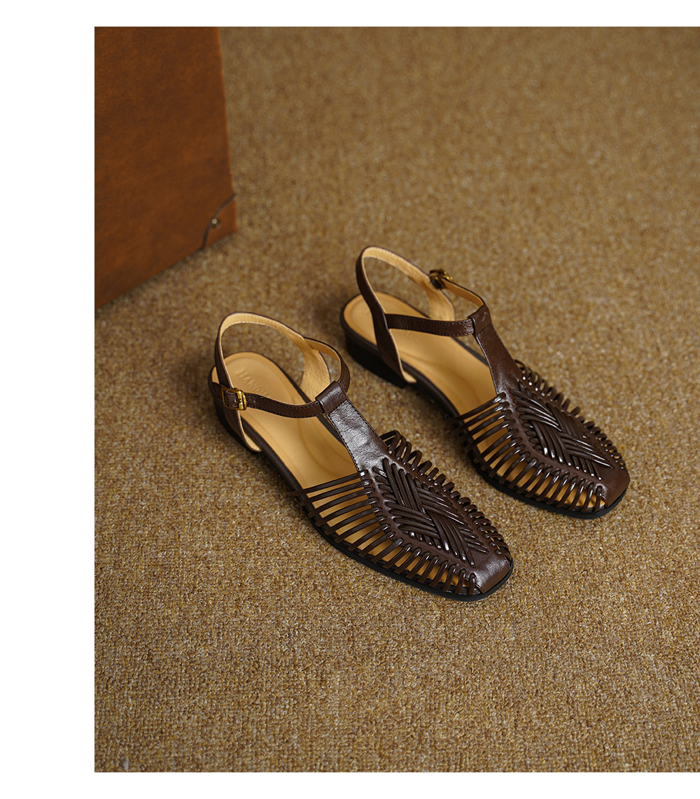 Sandal nữ quai dệt mảnh mũi vuông gót phẳng — màu nâu chi tiết 13