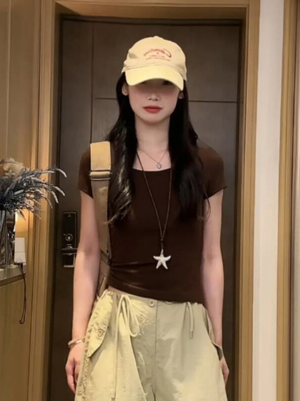 高密棉纯欲辣妹U领短袖T恤女夏季2025新款侧抽绳设计感高弹上衣|undefined