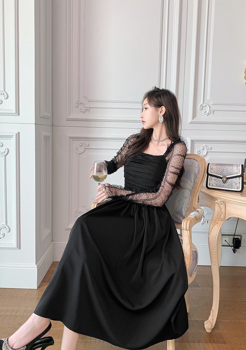Váy đen ngắn kiểu Hepburn phối lưới tay bồng cổ vuông eo xếp ly — Màu đen chi tiết 7