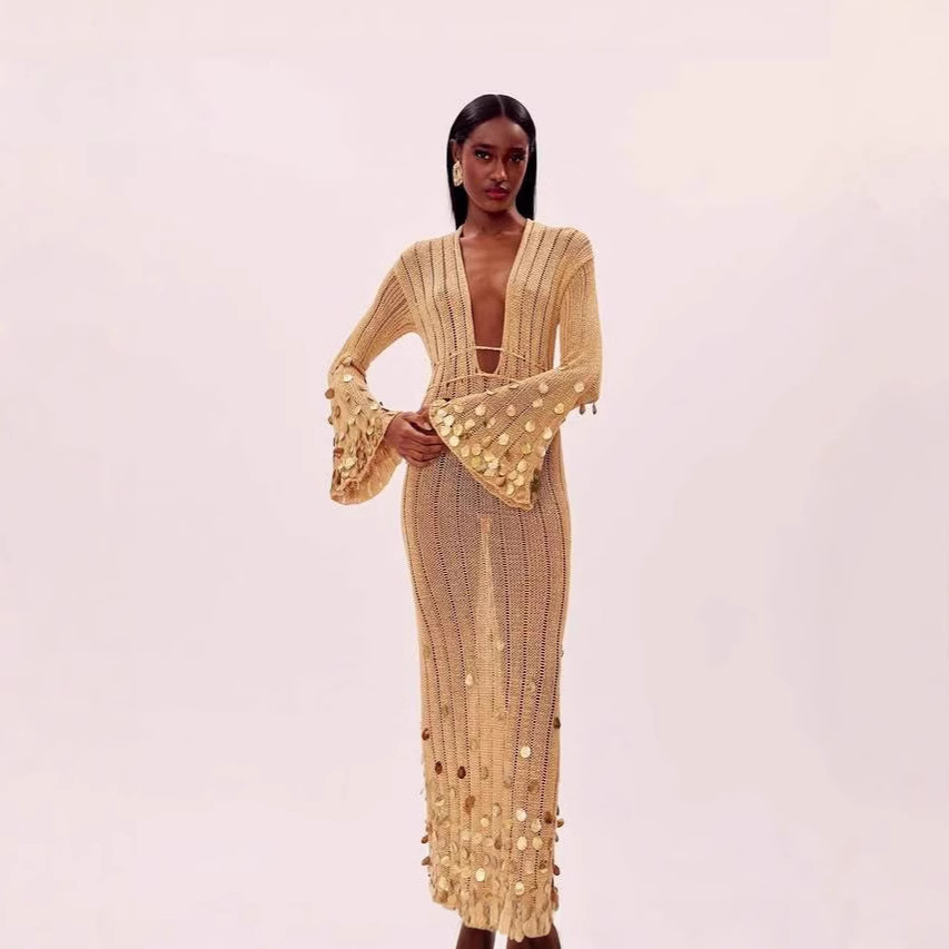 GraceChic 2025 Primavera e Autunno Nuovo Elegante e alla Moda Scollo a V Abito Lungo in Maglia Slim All'Ingrosso_voghion.com