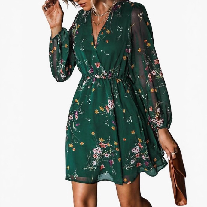 Summer Women's Mini Dress, Spring and Autumn Casual V Neck Chiffon Long-Sleeved Dress, Elegant and Sexy Women's Dress