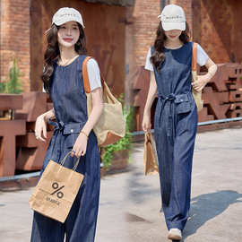 2025夏季新款牛仔工装连体裤+纯棉白T恤两件套女时尚休闲显瘦套装