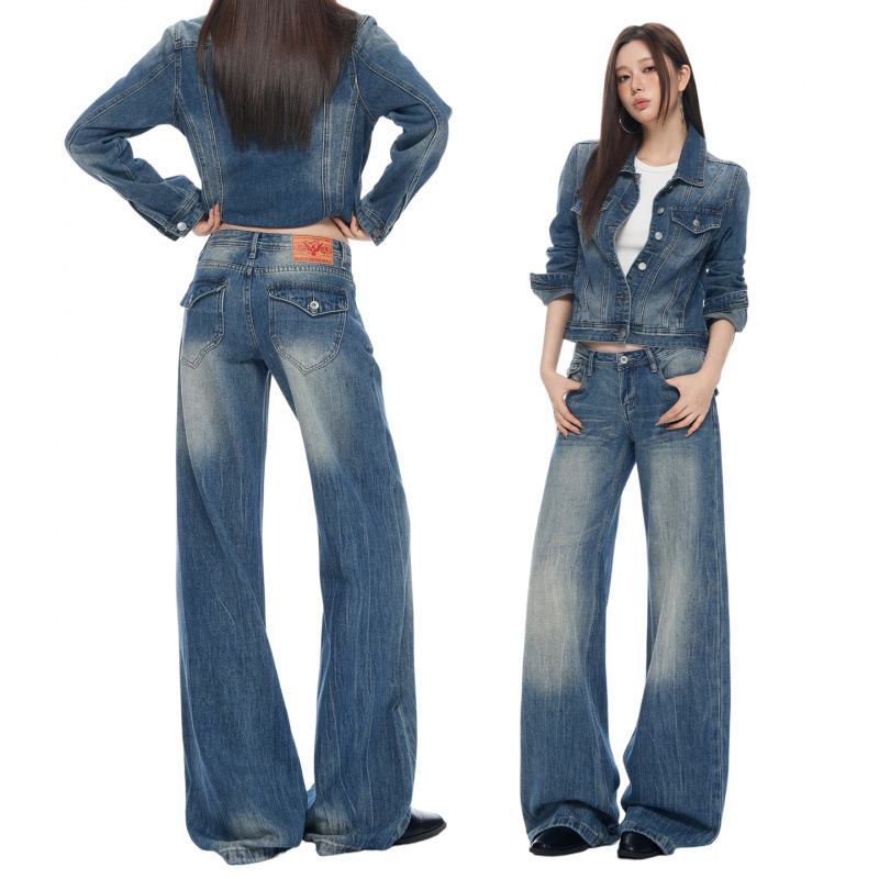 26 autumn and winter new collection: retro washed denim set, low-waist denim pants for women
