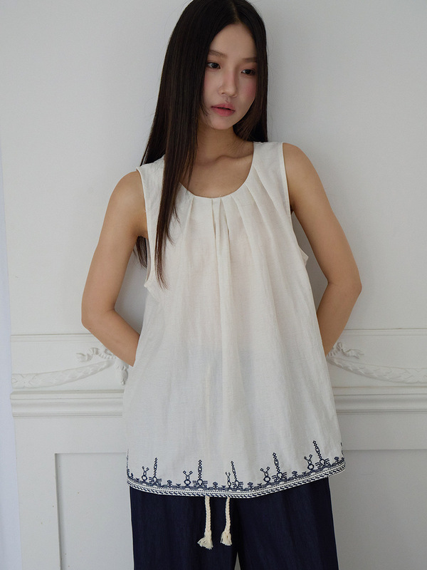 [Oufan] エスニックスタイル裾刺繍ノースリーブベストレディース夏シックシャツレトロ気質トップ3001|undefined