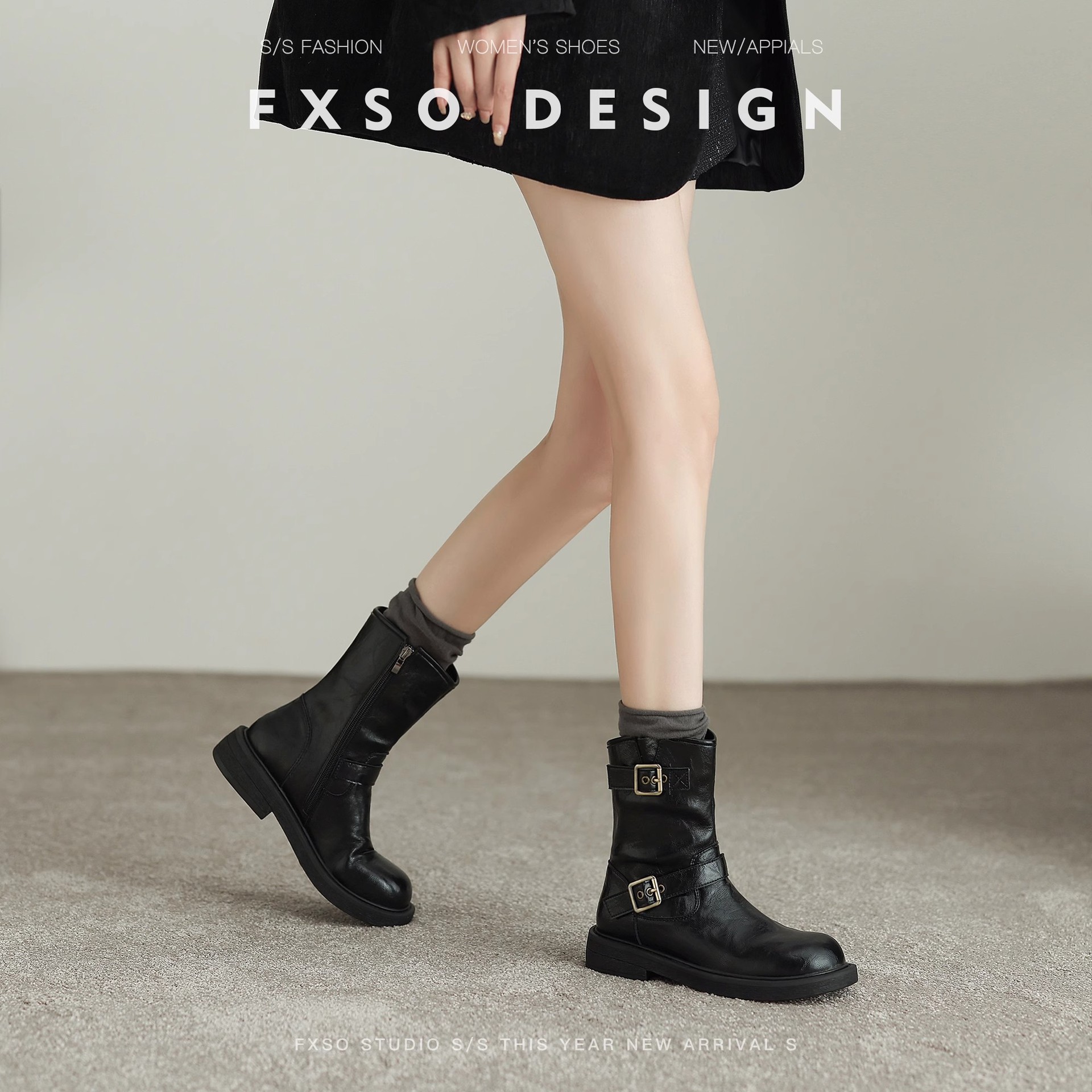 Cowhide Square Alley British Style Super Nice Martin Boots Women's 2025 Autumn New Flat Round Toe Black Short Boots