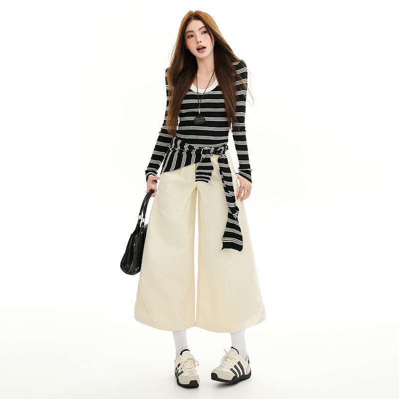 Elastic Waist Apricot Corduroy Casual Pants for Women 2025 Autumn New Style Cropped Wide-Leg Pants Elastic Waist Apricot Corduroy Casual Pants for Women 2025 Autumn New Style Cropped Wide-Leg Pants